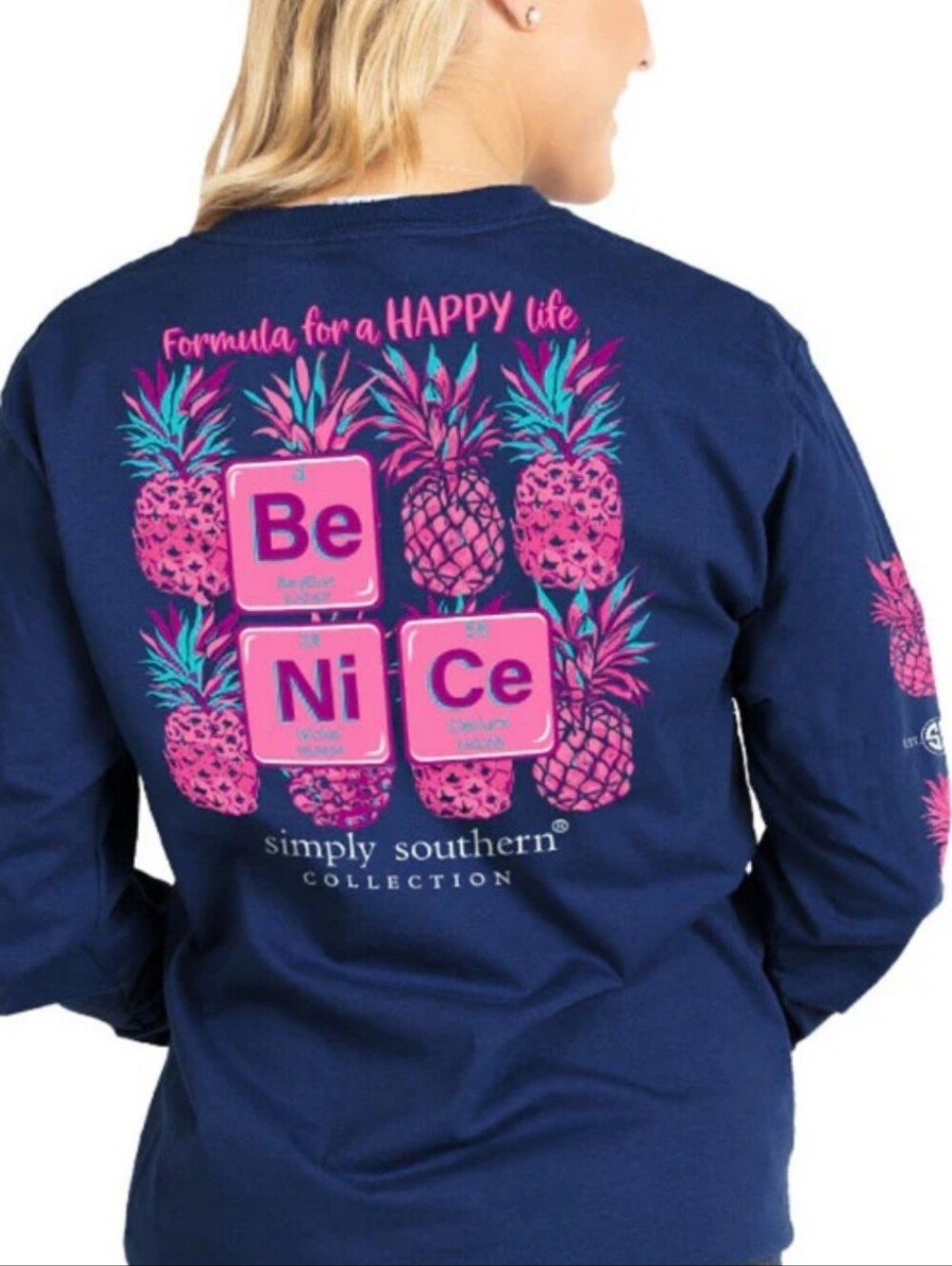 SIMPLY SOUTHERN Navy Preppy Be Nice Pineapple Long Sleeve T-Shirt Size XXL